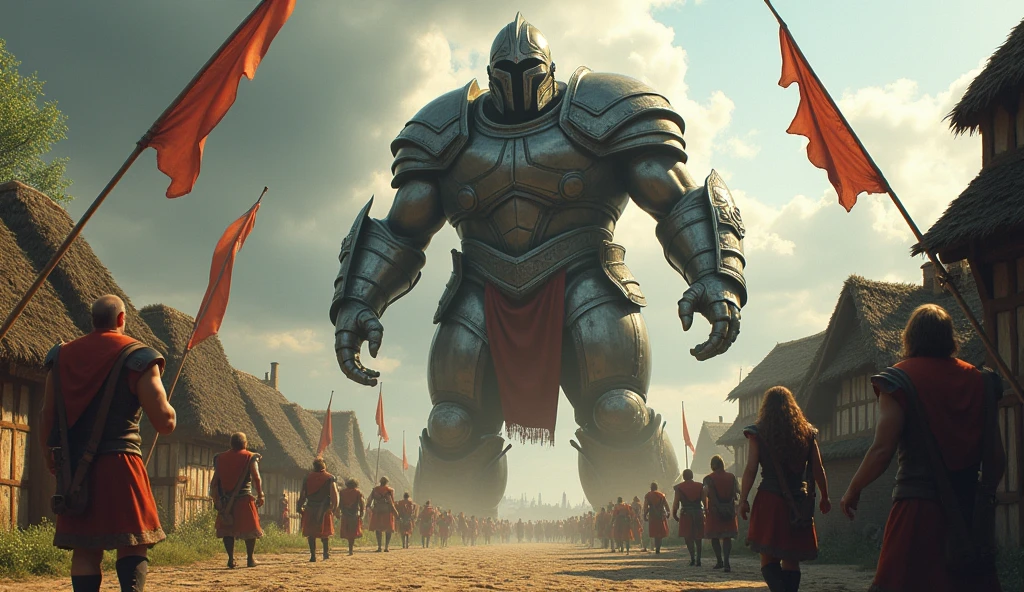 Generate an image showing Goliath’s Arrival - Goliath arriving at the village, towering over the frightened villagers. Imagine a dramatic scene set just outside a small village. At the forefront, Goliath stands tall and imposing, easily towering over the thatched roofs of the houses. He is clad in heavy armor that glints in the sunlight, with a massive helmet that accentuates his intimidating presence.
His muscular build and fierce expression instill fear in the frightened villagers, who scatter and watch from behind walls and trees, their faces a mixture of awe and terror. The village is quaint, with cobblestone streets and fluttering banners, creating a stark contrast to Goliath's formidable figure. The sky above might be somewhat overcast, adding to the tension of the moment.