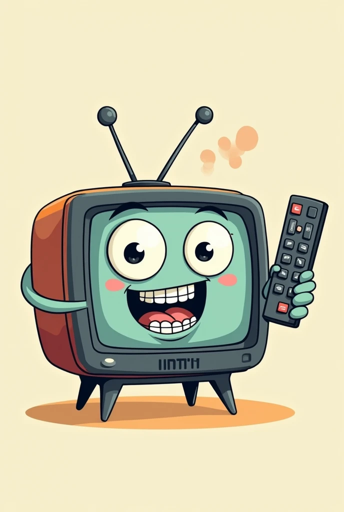 Cartoon style television smiling with braces with two arms holding a remote control with IPTV written on it
