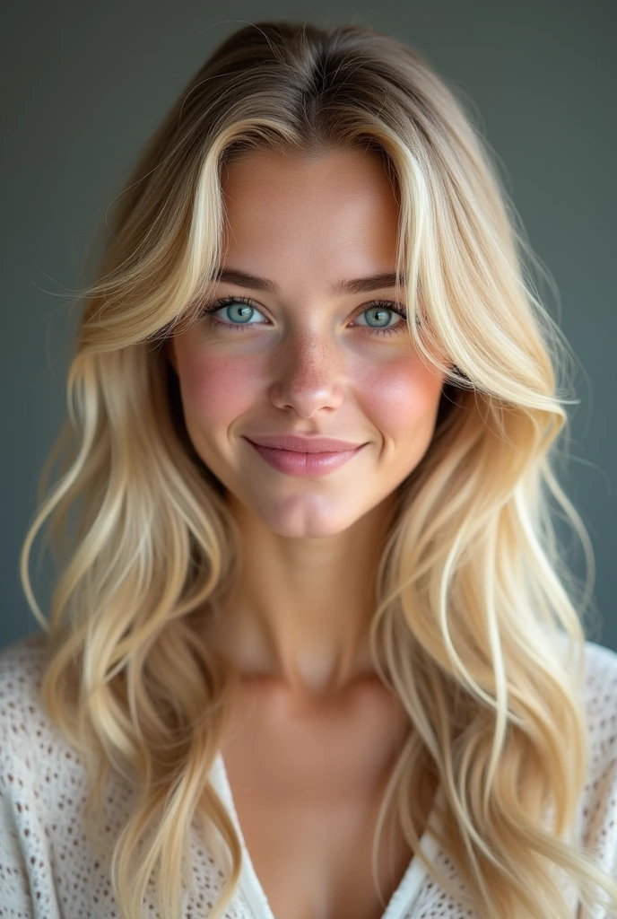 (photorealism:1.2),Create a realistic avatar of a young 20-year-old girl with blonde hair and blue eyes. The girl should have a modern and attractive appearance, with a friendly and relaxed expression. Make sure the avatar style is realistic, Capturing details in skin texture, the vibrant color of the eyes, and the natural shine of blonde hair. The background should be plain or blurred to keep the focus on the avatar's face..