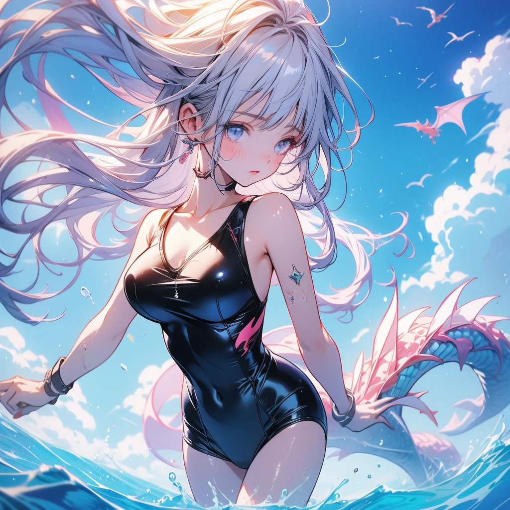 1girl,race dragon,Perfect Atonomy, detailed, swimming suit,in the pool
