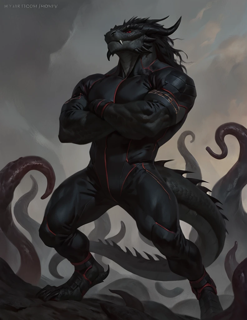 a ferocious male dragonborn, solo, muscular detailed body, athletic, standing with crossed arms, full body, black color body, scalie tentacles, red eyes, pants, armless bodysuit, comicbook style, best quality, 4k, ultra-detailed, by laobai, by taran fiddler, by honovy