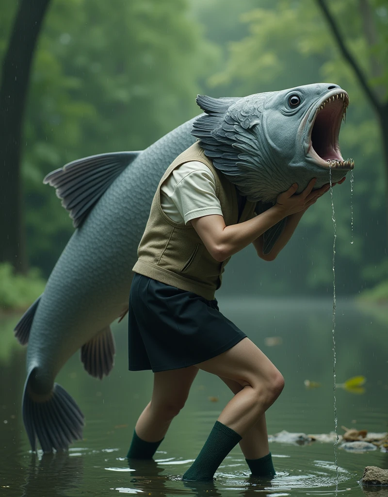 ((Highest quality)), ((masterpiece)), (forest pond), ((A female human with a pigeon head)), A giant catfish is eating a gray female pigeon in its mouth, Gray female pigeon is frightened, A grey female pigeon with her mouth wide open wearing an off-white collared short-sleeved shirt, a light brown vest, a knee-length black skirt, dark green socks and black shoes, Muscular grey female pigeon, Photorealistic images,