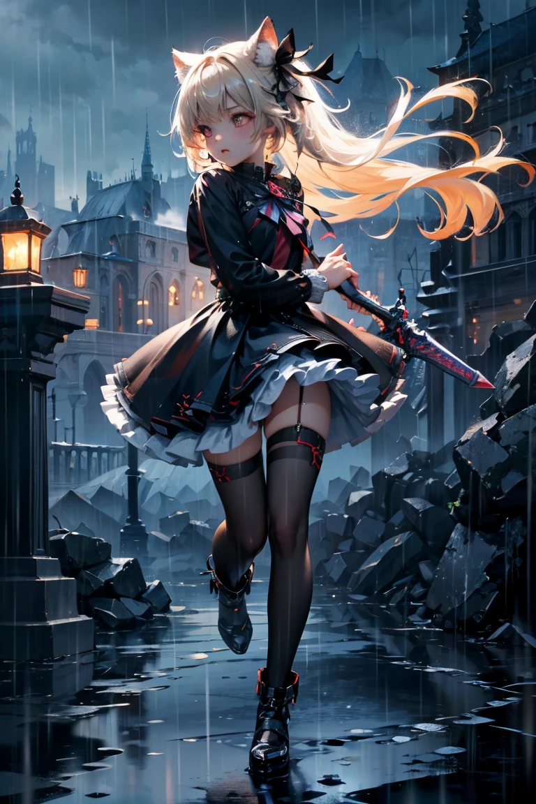 uhd, textured skin, good quality, High details, masterpiece, best quality, high detail face, (Amazingly absurd:1.2), (masterpiece:1.2), fluffy, 1 Girl, Dragon ears, Dress with ruffles, glowing eyes, shining hair , Whole body love, very long hair, hair ribbon, black kneesocks, full body, Kawaiitech, soft colours, Kawaii, Beautiful colors, (Rain:1.5), (Wet:1), (Night:2), (Landscape:2), battojutsus, (holding weapen:1.3),