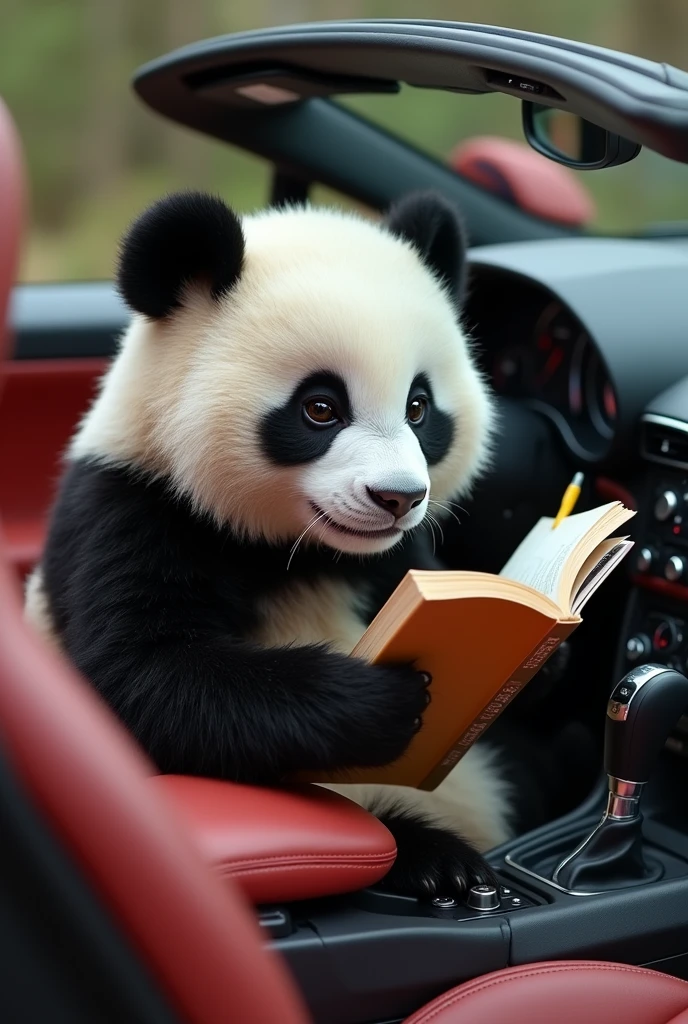 a cute panda is stuyding in a Lamborghini