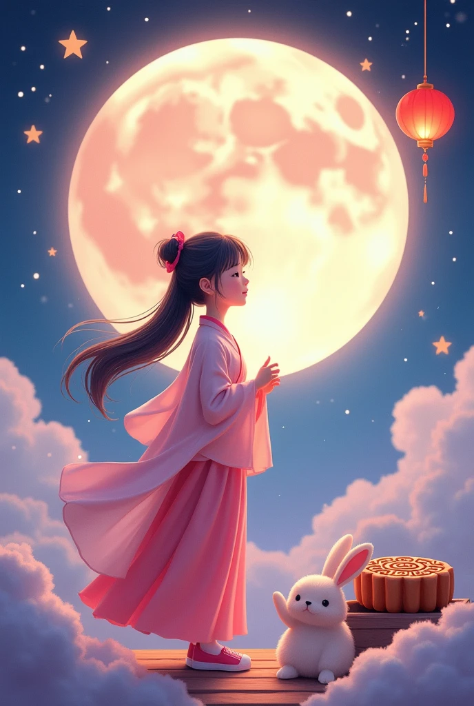 Vector illustration style,Hyperreal space,Abstract,Mid-Autumn Festival,1 cute girl wearing Hanfu,Moonlight,Clothes feel soft and warm。.,背景中有一轮bright月亮在轻轻地舞蹈,Surrounded by the tranquil night sky and hazy clouds,还有闪闪发光的Star,Next to the girl is a huge round moon cake,Looks sweet and delicious,Next to it is a cute rabbit,Fluffy love heart,Fluffy clouds,Star,Ancient palace,laurel,Osmanthus fragrans,In a dream,A vibrant and fun way to stage,blue, Purple and pink shades,bright,Art