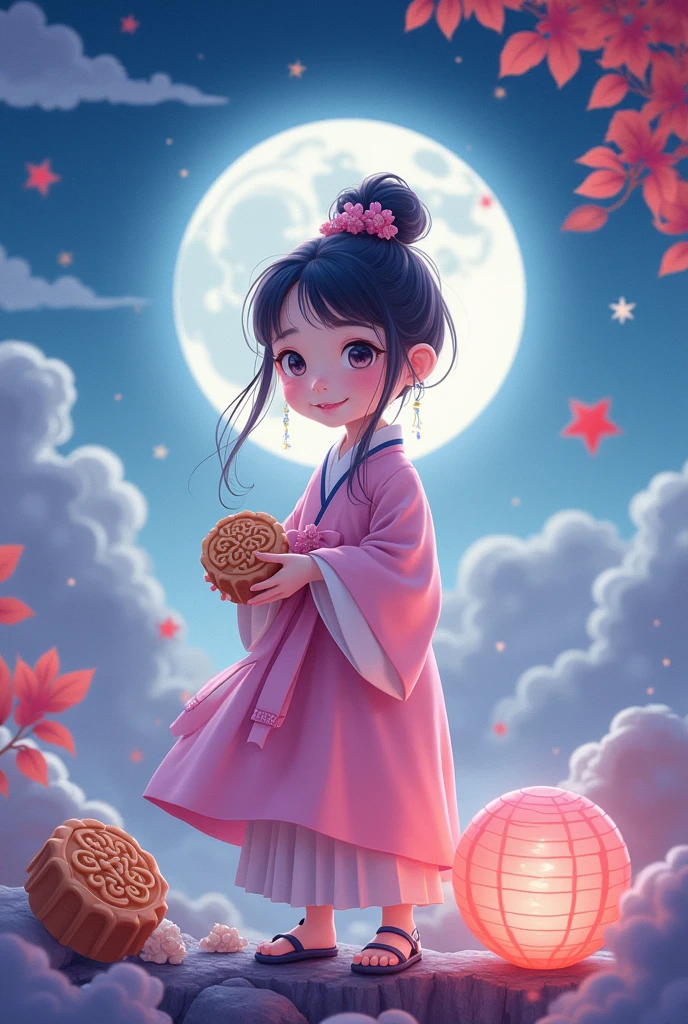 Vector illustration style，Hyperreal space，Abstract，Mid-Autumn Festival，1 cute girl wearing Hanfu，Moonlight，Clothes feel soft and warm。.，背景中有一轮bright月亮在轻轻地舞蹈，Surrounded by the tranquil night sky and hazy clouds，还有闪闪发光的Star，Next to the girl is a huge round moon cake，Looks sweet and delicious，Next to it is a cute rabbit，Fluffy love heart，Fluffy clouds，Star，Ancient palace，laurel，Osmanthus fragrans，In a dream，A vibrant and fun way to stage，blue, Purple and pink shades，bright，Art