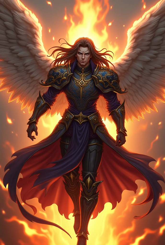 Issei Hoydou in medieval armor with angel wings on his back in fire, masterpiece, Long hair, Brown hair, floating hair, smile, symbol-shaped pupils, angry, frown, jewelry, forehead protector,