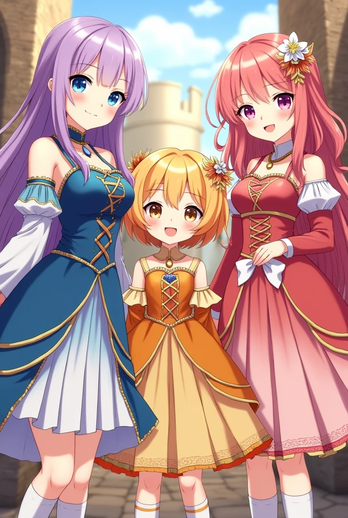 3 beautiful young girls the first girl with long lavender hair with bangs with light blue eyes in a gorgeous blue and white dress with detailed sleeves showing shoulder and short socks up to the ankles. The second girl with short sun yellow hair with bangs and a yellow and orange dress with a big gold necklace is the happiest and the third has long hair( Wavy) with strawberry pink hair with dull pink eyes in a bright and light pink dress with white with a bow at the waist long socks ( They are all )They all have the same height, medieval anime era ( the dresses are like the gemshin impact game) In the picture they have to come out whole from head to toe. They are still in the photo.