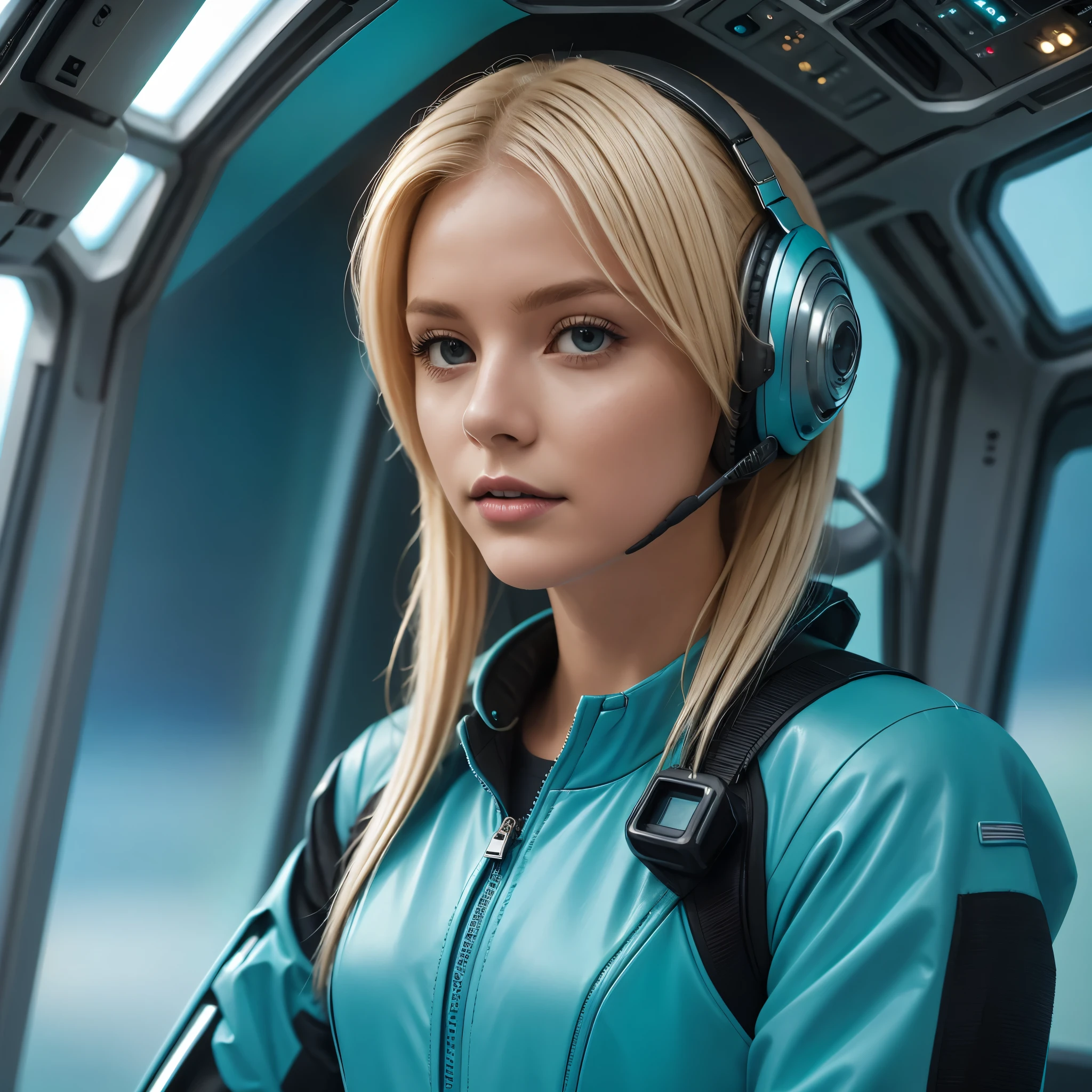 masterpiece, best quality, photorealistic, 1girl, solo, shoulder-length hair, platinum blonde hair, teal space suit looking at viewer, upper body, Spacecraft Cockpit Background, minimal background, natural light, smooth shadows, determined expression, detailed skin, soft features, space setup, classic portrait style, high clarity, simple background, cinematic lighting, wearing a sleek flight suit with integrated communication headset and helmet, futuristic and professional