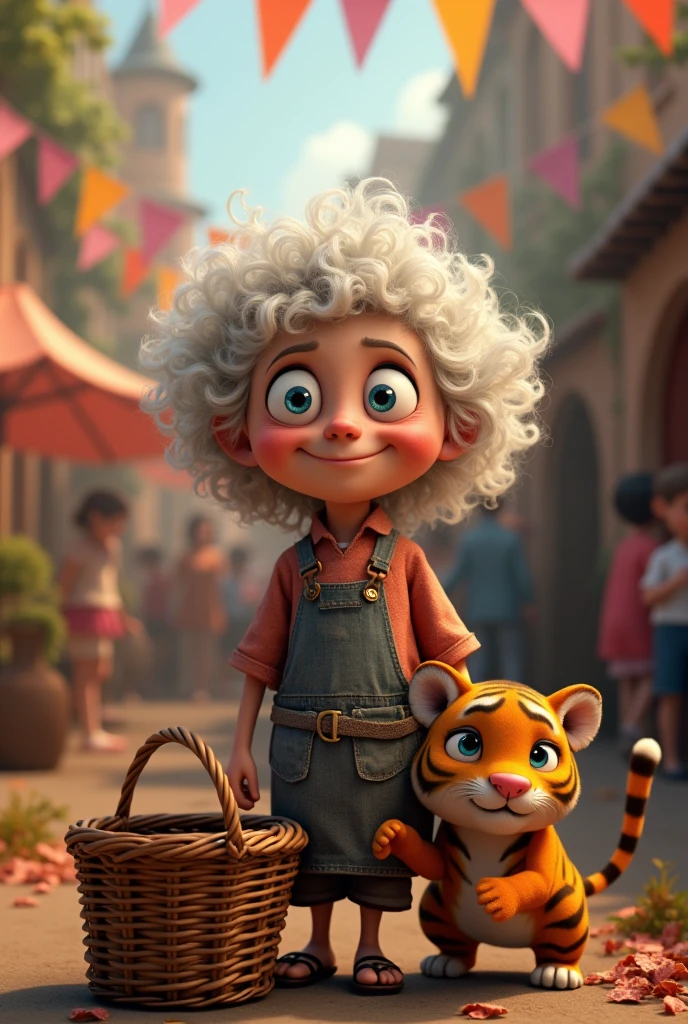 Very old gammer with white curly hair and blue eyes
 with smiling lips,
Next to an old basket inside
 Tiger is beautiful
In a party where everyone is
He is dancing with his tiger
style 3D