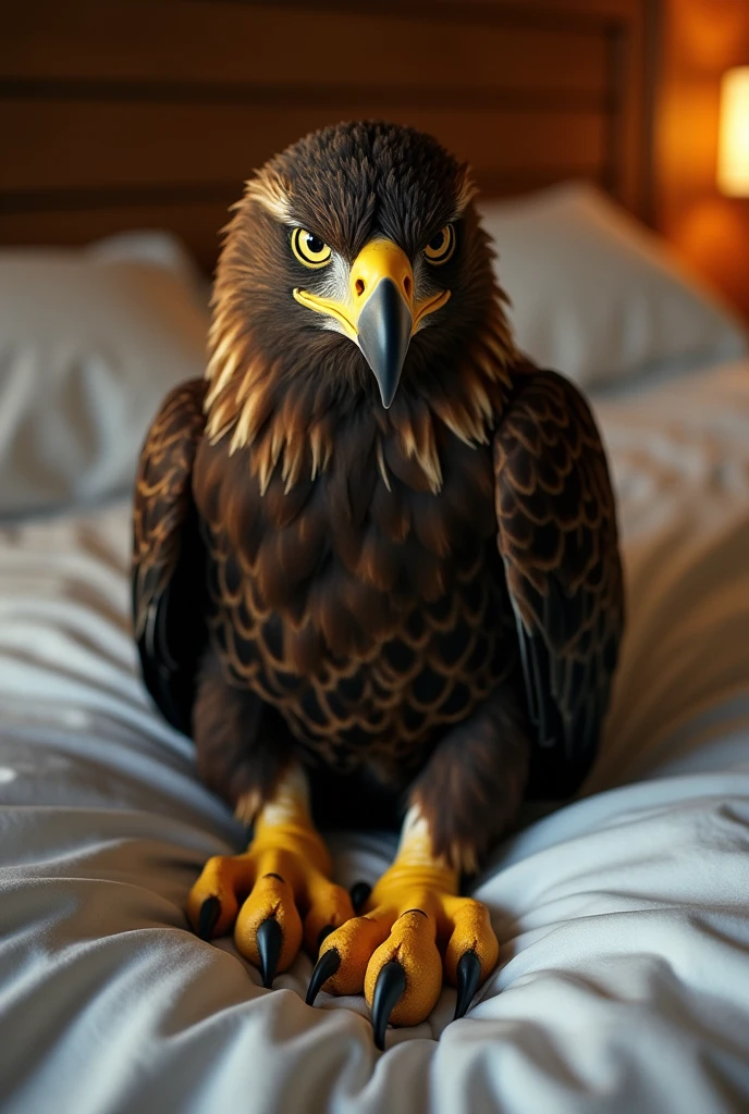 Cinema Style, A scene from selfies,
Lion Paw, Eagle's head, Eagle Wings, A Griffon, on bed, bed room,
