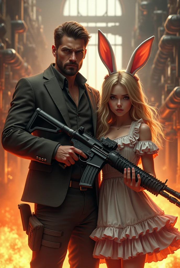 Man with a machine gun next to a bunny girl against the background of a fire in the steampunk style