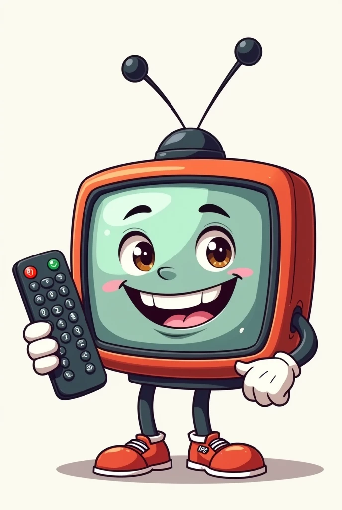 Cartoon style television smiling with braces with two arms holding a remote control with IPTV written on it