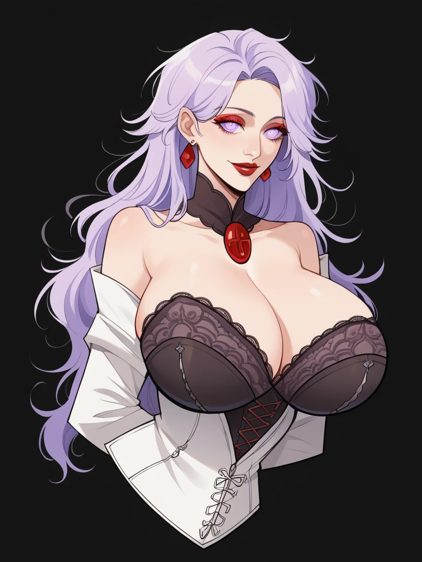 score_9, score_8_up, score_7_up, score_6_up, score_5_up,  s4b, solo, purple, red, black background, doe eyes, Exquisite eyes,Red Eyeshadow, Red lips,cute laugh, Ukiyo-e, masterpiece, high quality, at the lowest limit, Tiny,White boots，Huge breasts，Bare shoulders，，Lace，Lace stockings，Lace skirt, tokyo revengers, Hair color (light lilac)short, lavender eye color, a small cross earring in the left ear, tokyo revengers the nickname twin dragon

