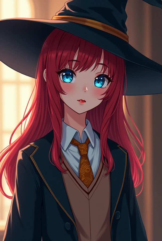 You can create a Harry Potter Magic aweekend girl in which you show a fifth year howarts girl, navy blue eyes, a white tunic with gold and elegant tie, hat tilted halfway white, Red lips, redhead, you are elegant, With anime style, a little mature and elegant