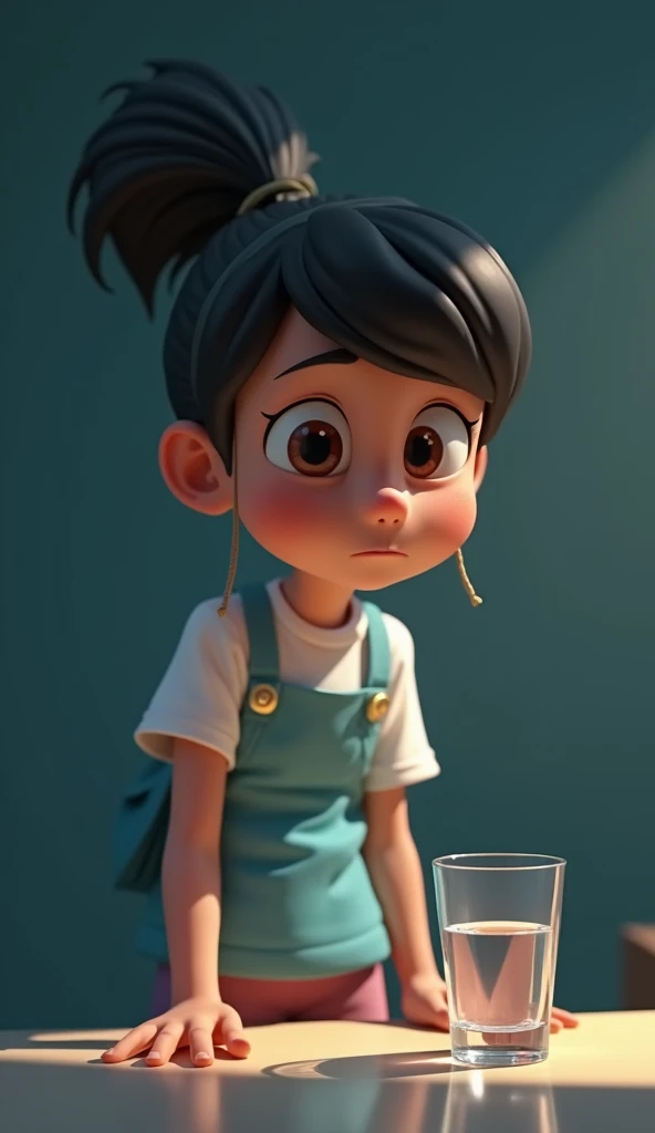 3D animation style image illustrating the metaphor: a student is shown holding the glass of water for an extended time. The student’s arm begins to droop, and their expression shows discomfort, with exaggerated animation to emphasize the growing weight. The background subtly shifts to a darker tone, symbolizing the increasing burden as time passes.