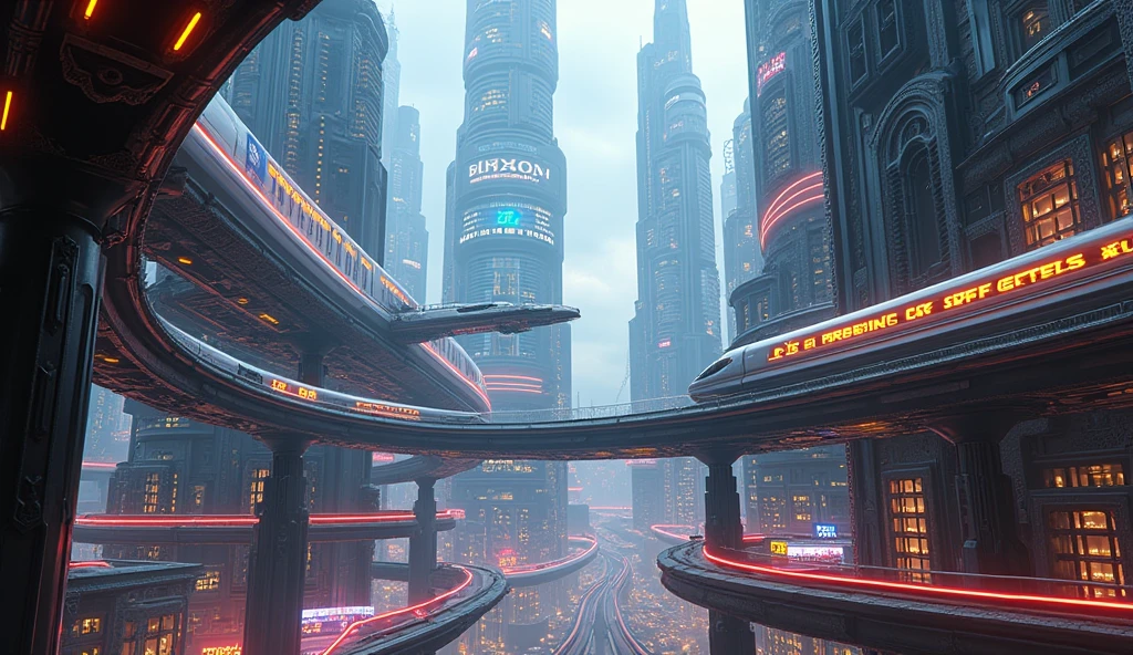 a futuristic city skyline with flying cars, bullet trains, and towering skyscrapers, from a low angle, ultradetailed, 8k, photorealistic, cinematic lighting, vibrant neon colors, intricate architecture, dynamic composition, advanced technology, sense of scale and grandeur