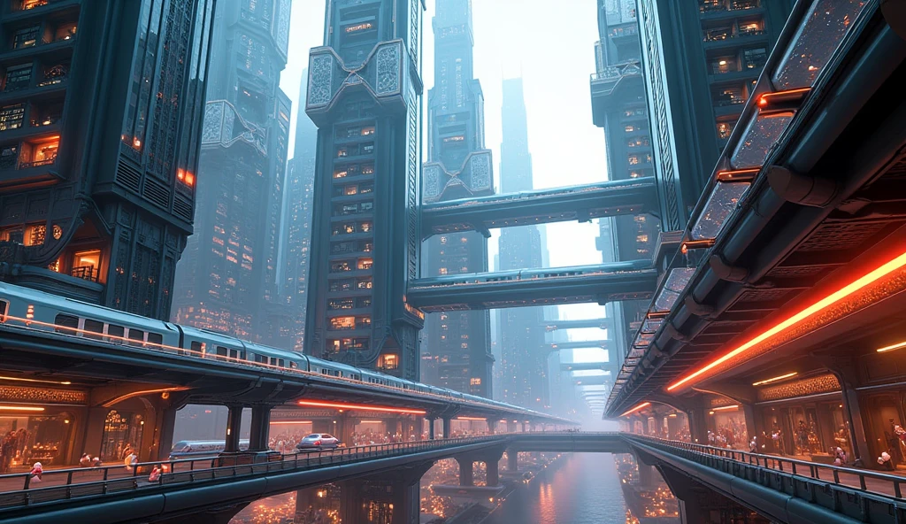 a futuristic city skyline with flying cars, bullet trains, and towering skyscrapers, from a low angle, ultradetailed, 8k, photorealistic, cinematic lighting, vibrant neon colors, intricate architecture, dynamic composition, advanced technology, sense of scale and grandeur