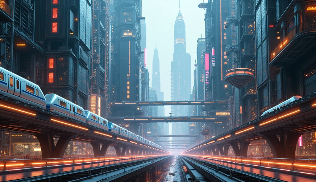 a futuristic city skyline with flying cars, bullet trains, and towering skyscrapers, from a low angle, ultradetailed, 8k, photorealistic, cinematic lighting, vibrant neon colors, intricate architecture, dynamic composition, advanced technology, sense of scale and grandeur