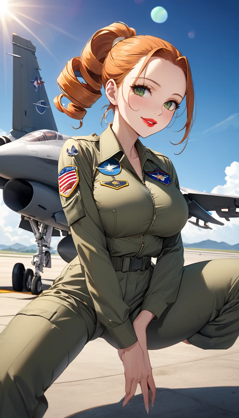 独奏, fullbody, (Highest quality,4K,8k,High resolution,masterpiece:1.2),Very detailed, (((3 mature woman))), (((Mature Woman))), Best Bust、Large Breasts, Cleavage、Beautiful Eyes、Orange Hair、Moss green eyes、Red lips, ((ponytail)), (Drill Hair), ((forehead)), Very cute face, Glossy Lips, Double eyelids on both eyes, Tight waist、Beautiful Face、Natural smile、US Air Force military suit, Wearing sunglasses, Aviator Model (Ray-Ban RB3025), Natural light, F-18 military air force base background aircraft, Model Pose, dynamic angle, Lens flare