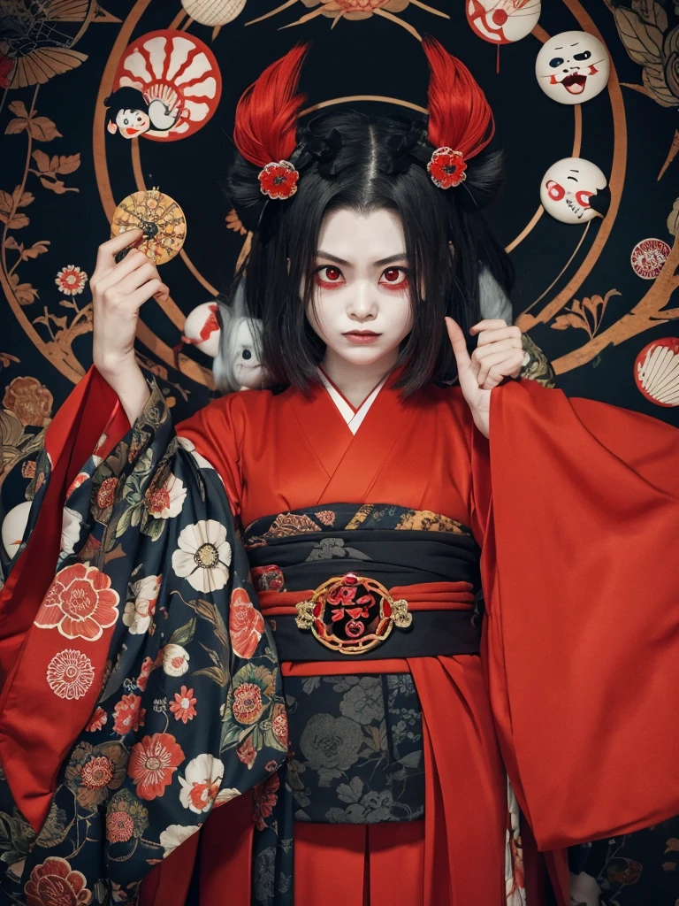 Japanese Yokai、Horror images、A woman&#39;s head flying in the air、Long black hair、With bangs、have an angry face with teeth bared、A head flying through the air and attacking people、Beautiful face、Japanese women、