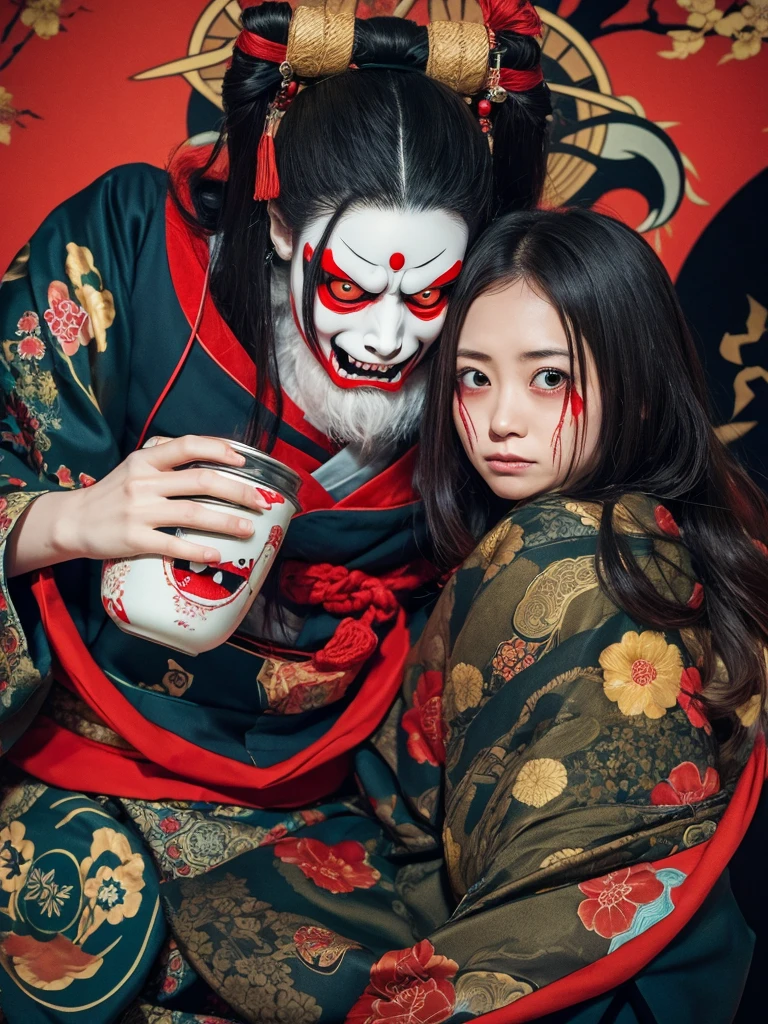 Japanese Yokai、Horror images、A woman's head flying in the air、Long black hair、With bangs、have an angry face with teeth bared、A head flying through the air and attacking people、Beautiful face、Japanese women、