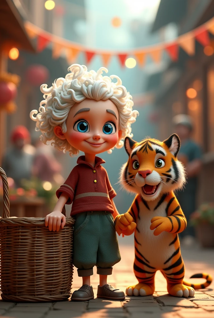 Very old gammer with white curly hair and blue eyes
with smiling lips,
Next to an old basket inside
Tiger is beautiful
In a party where everyone is
He is dancing with his tiger
style 3D