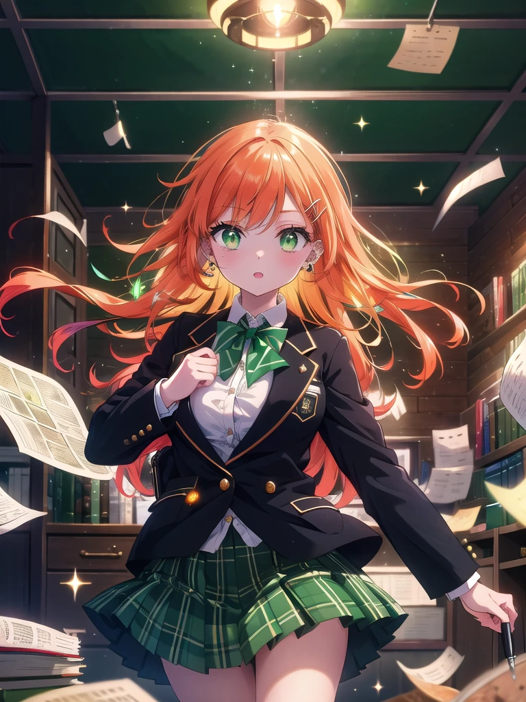 ((8k, Best Quality, Masterpiece: 1.3)), Ultra High Resolution, ( Girl, Solo), (Color Changing Eyes, Ultra Detailed, Expressive Sparkle, Shimmering, Glowing Eyes), Highly Detailed Eyes,In a cozy and mysterious study room filled with books, maps, and clues pinned on a corkboard, a girl with vivid orange semi-long hair and piercing emerald green eyes is immersed in a schoolgirl detective cosplay. Her orange hair, styled neatly with a side clip, contrasts beautifully against the room’s warm lighting, drawing attention to her lively emerald eyes that shine with curiosity. She wears a smart detective outfit with a playful twist—a plaid mini skirt, a white blouse, and a fitted blazer that add to her clever yet youthful look. Leaning over a desk, she inspects a map, her emerald green eyes focused and bright, capturing the intensity of her role. The study's dim lighting, combined with scattered clues and notes, perfectly complements her striking hair and eye colors, creating an engaging and dynamic atmosphere.