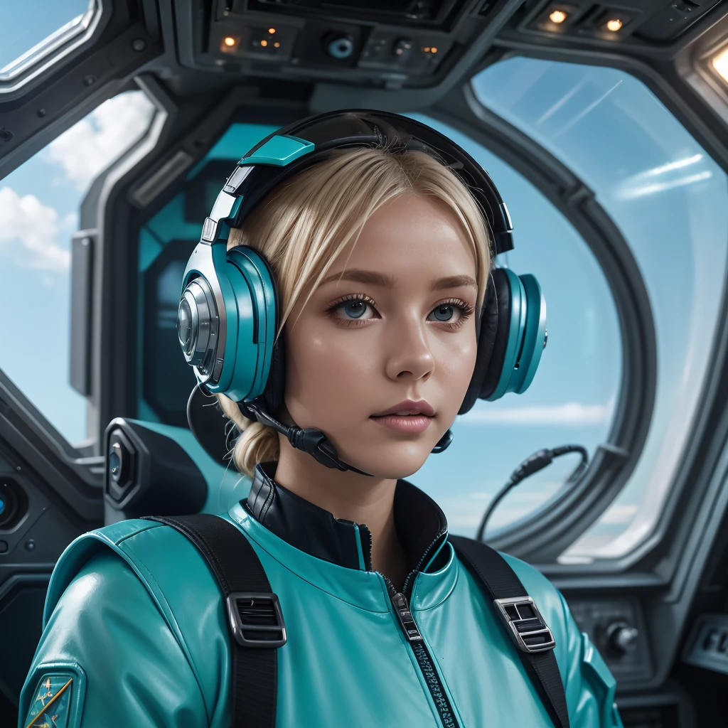 masterpiece, best quality, photorealistic, full view of space ship cockpit, 1girl, solo, shoulder-length hair, platinum blonde hair, teal space suit looking at viewer, upper body, Spacecraft Cockpit Background, minimal background, natural light, smooth shadows, determined expression, detailed skin, soft features, space setup, classic portrait style, high clarity, simple background, cinematic lighting, wearing a sleek flight suit with integrated communication headset and helmet, futuristic and professional