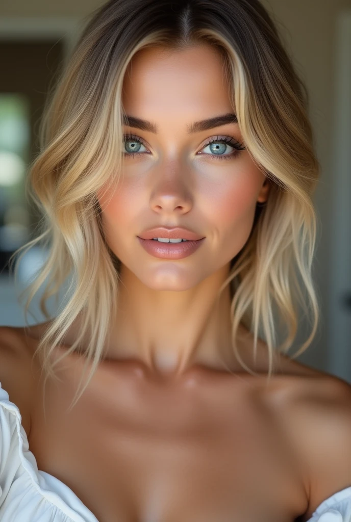 oung woman with blue eyes, beautiful look, beautiful lip, mid-length wavy blonde hair with highlights and very realistic, en selfie avec un bon decolte