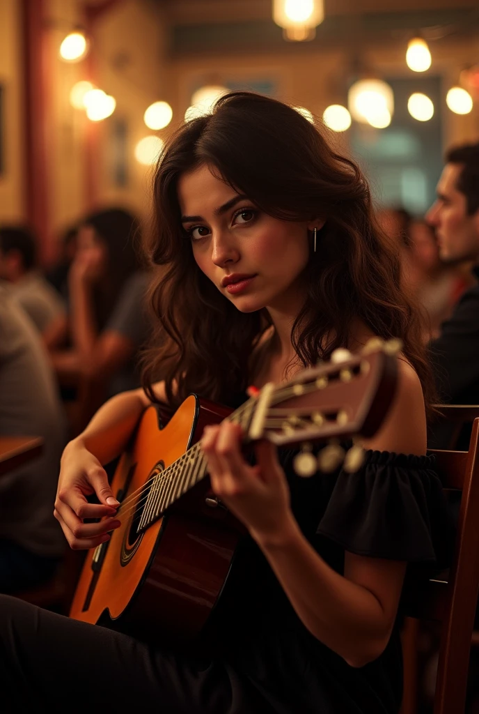 sound of soul, eye closed, feeling up , A Spanish beautiful girl, cute girl ,wonderful  girl,  she is 18-age,  (dark brown hair , brown eye, middle curl hair, little smile ), (tradition l  Spanish dress and skirt , hi-heal ),((sitting play flamenco guitar: 1.3))  ,in Madrid night bar, on chair, many listener,   dark lighting ,(super detail, high details, high quality, accurate, anatomically correct, textured skin, beautiful fingers super detail, high details, high quality, best quality)