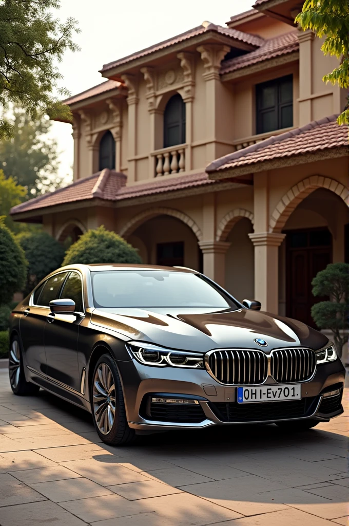 Bmw 720 d luxury line with JH01EV001 NO. PLATE BESIDE INDIAN HOME