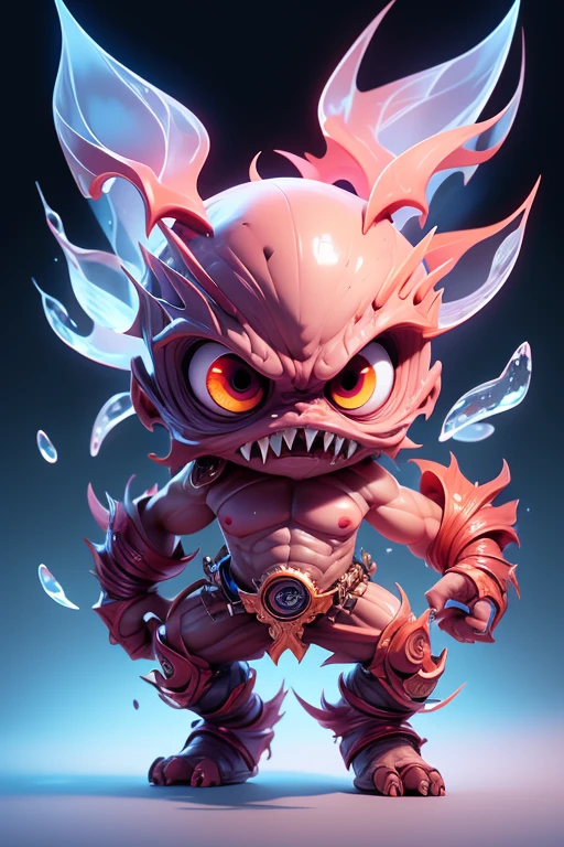 Create a monster image, a small, big-headed, baby monster.. The body is transparent and can be seen through. The image is sharp and detailed., with beautiful colors.. With arms, leg, eyes, mouth, พื้นหลังสีlegว