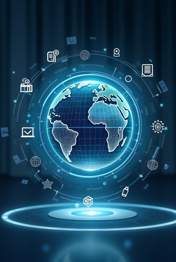 A futuristic advanced digital interface displaying a holographic globe surrounded by educational icons, write the text below the globe is "INNOVATING EDUCATION FOR A BRIGHTER FUTURE"