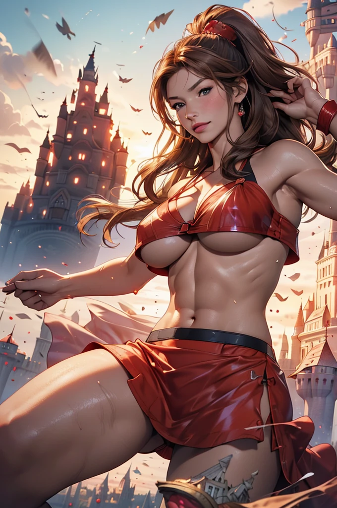 (photo realistic:1.35), (highly detailed), 8k, [highres, best quality, sharp focus, vibrant hues, centered, RAW photo, realism, realistic, detailed skin texture, badhandv4],

1girl, Gisele Bündche, (Supermodel), 
(Rounded Big Breasts), (Cleavage), ((underboob:1.45)), 
(beautiful thighs),
Light brown hair, Ponytail,  

Highly detailed face and skin texture, Fine grain, 
double eyelid. Makeup face, A little bit of lipstick, 
break

( wearing a see-through red dress), 
(She boldly spreads her legs and poses sexy),
sex appeal, Sexy gravure pose, 
break

((Floating Castle:1.45))
(see a castle in the sky in the distance), 
horizon, 
well sunlit

