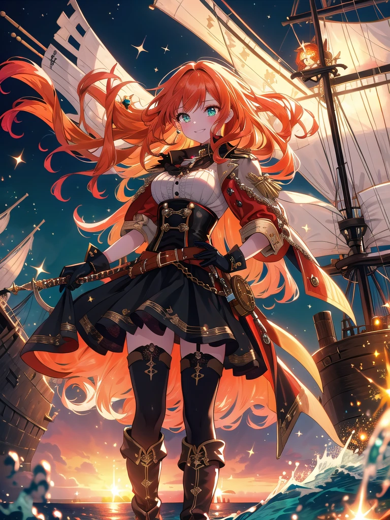 ((8k, Best Quality, Masterpiece: 1.3)), Ultra High Resolution, ( Girl, Solo), (Color Changing Eyes, Ultra Detailed, Expressive Sparkle, Shimmering, Glowing Eyes), Highly Detailed Eyes,On the deck of a grand ship surrounded by the vast ocean, a lively girl with fiery orange semi-long hair and dazzling emerald green eyes takes on a pirate captain cosplay. Her bright orange hair, styled in loose waves, catches the sun, enhancing her adventurous appearance. She wears an elaborate pirate outfit—a red and gold corset top with a flowing coat, leather boots, and a sword belt that highlight her youthful energy. The bold contrast of her orange hair and the rich colors of her outfit draws attention to her striking emerald green eyes, which glimmer with excitement. She stands confidently at the ship’s helm, gripping a pirate sword and flashing a daring smile. The ship’s dynamic background, with billowing sails and the sparkling sea, perfectly showcases her vibrant hair and eye colors, capturing the thrill of her pirate adventure.

