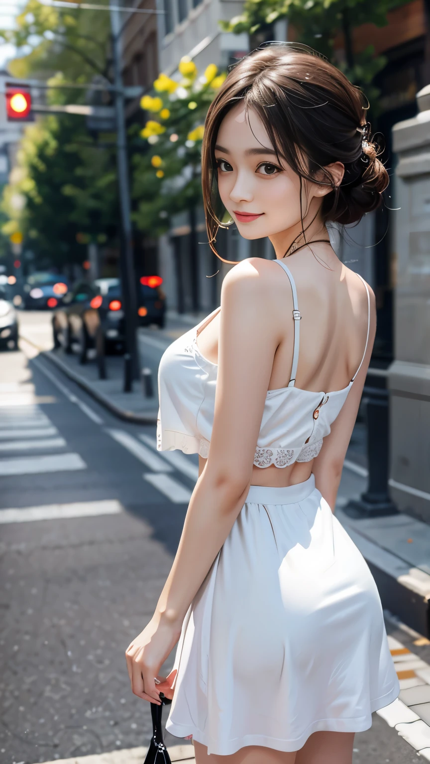 最high quality， masterpiece， One girl， Beautiful Face， （Photo Real：1.3）， Edge Light， （Highly detailed skin：1.2）， 8k, Ultra HD， Digital single-lens reflex camera， high quality， High resolution， 4K， 8k， Bokeh， Absurd， Optimal ratio of four fingers to one thumb， （Realistically：1.3）， かわいいOne girl， Wearing a white T-shirt， Medium chest， White short dress，A pure sunny smile，