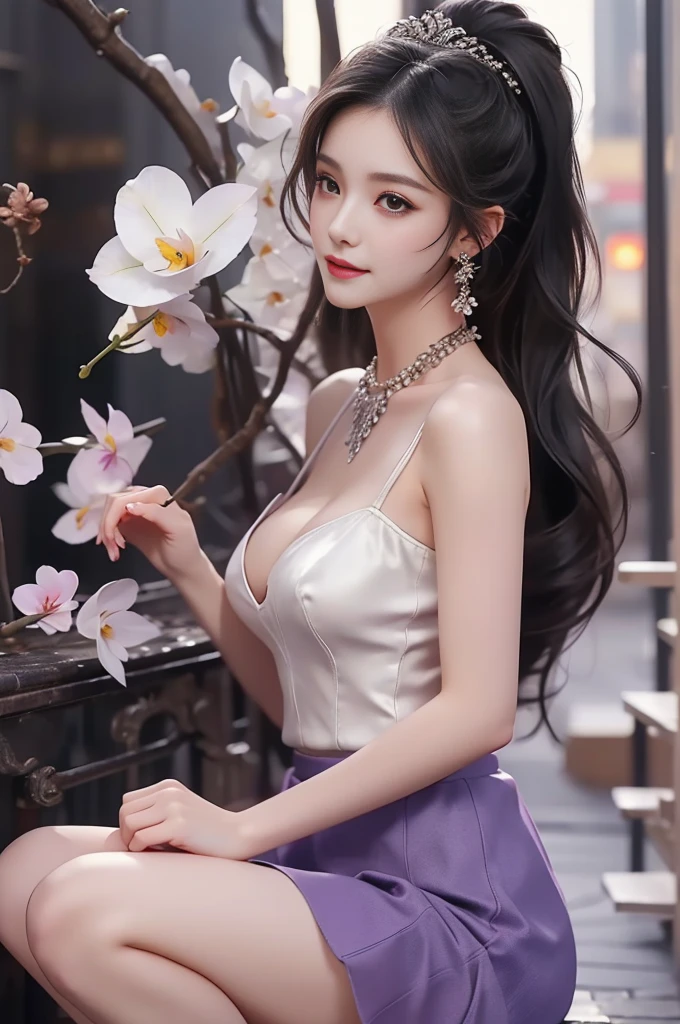 (Quality Improvement:1.4),1 Girl, Full breasts,Visible cleavage,Sexy long legs,The skirt is very short,She gently lifted her skirt with one hand,Surrounded by white Phalaenopsis orchids,Lilac dendrobium、White Lily, Flying petals,(Top quality leather), Delicate face,Black Hair, Gradient hair, Body,(Body1.1), He has a precious gem on his forehead.., outstanding student,Long eyelashes,Smile, Surrealism, Movie Lighting, Projection Insert, Surrealism, Ultra HD, masterpiece,lie,Keep dreaming,Open your legs slightly.,Tattoo,Fantasy Space,Luxurious space,Exquisite makeup,blush,Shy expression