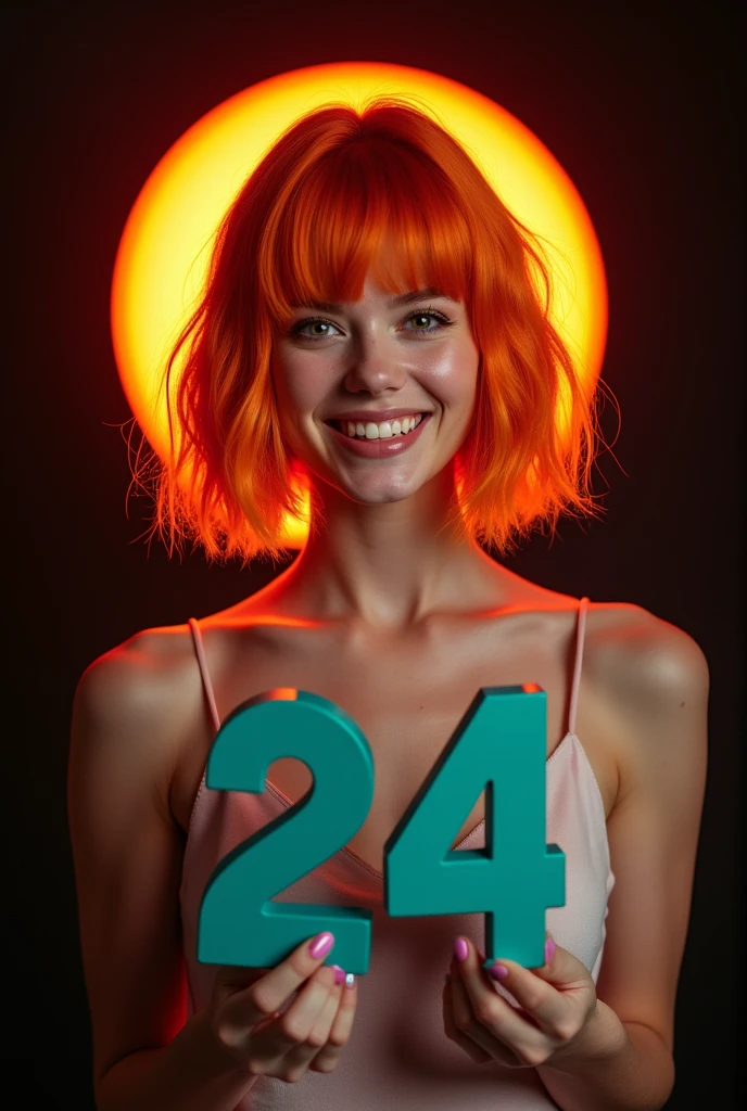  fashionable cheerful girl, professional, portrait photography, the face looks straight ahead, studio light from above and backlight from behind the head, cute girl (Sharp Focus:1.3), there is a very nice smile on the face, very detailed, beautiful detailed face, orange hair bob hairstyle, holds in his hands large voluminous matte plastic numbers 24 --Detailing, whole body, a lot of femininity, Tempting, Dazzling, Black background, Backlight, installed behind the model, illuminates the back of the head and creates a frame around the head, highlighting the silhouette of the poser against the background
