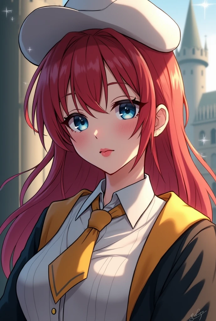 You can create a Harry Potter Magic aweekend girl in which you show a fifth year howarts girl, navy blue eyes, a white tunic with gold and elegant tie, hat tilted halfway white, Red lips, redhead, you are elegant, With anime style, a little mature and elegant and from the house of haffulpuf