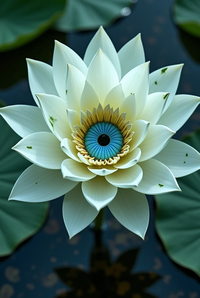 A white lotus flower with green scars and a blue eye 
