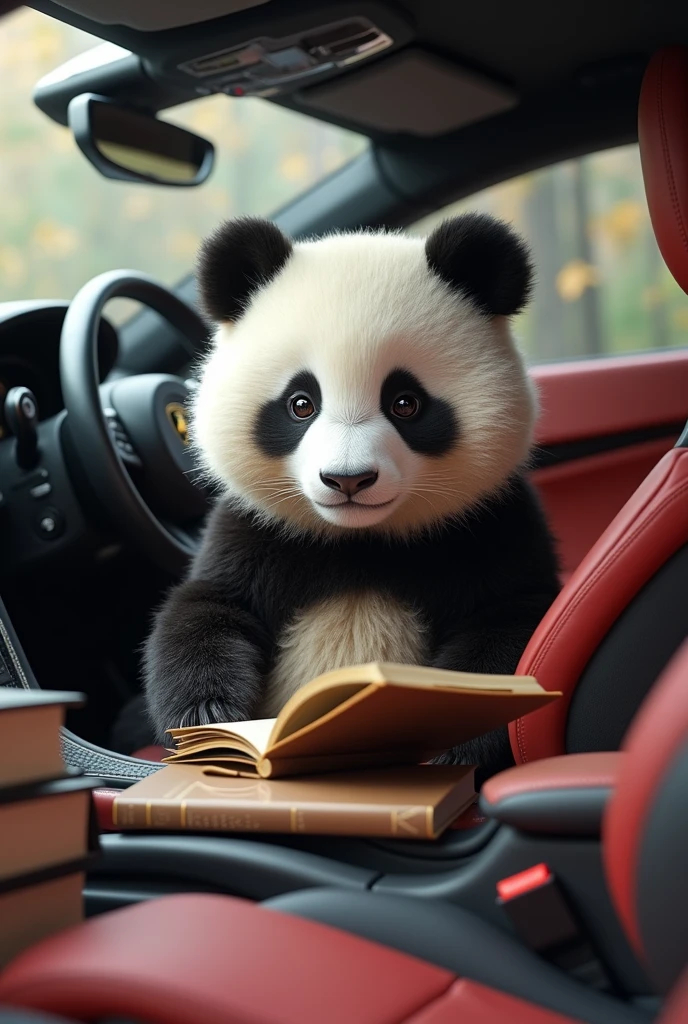 a cute panda is stuyding in a Lamborghini (can see the Lamborghini logo)