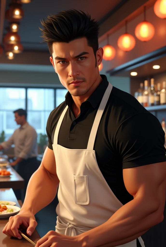 homem de 30 anos com fully body parrudo atlético e bem definido, broad shoulders and a slight bulge in the lower area through the white apron, underneath black polo. Your face is a little Latin Asian, goatee, must have a strong jaw, Straight Nose, and a gentle and seductive look. The hair is black, straight and short spiky, and the eyes are dark and deep. realistic lighting, Dynamic angle, 真实感, best qualityer, fully body. sushi bar restaurant atmosphere, is working
