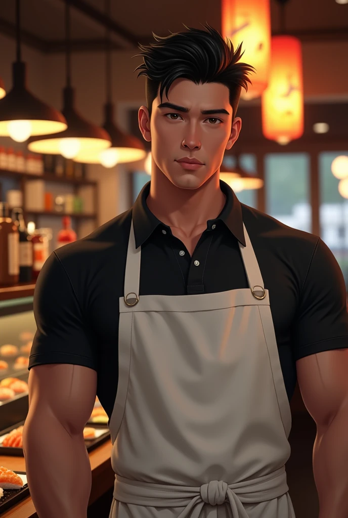 homem de 30 anos com fully body parrudo atlético e bem definido, broad shoulders and a slight bulge in the lower area through the white apron, underneath black polo. Your face is a little Latin Asian, goatee, must have a strong jaw, Straight Nose, and a gentle and seductive look. The hair is black, straight and short spiky, and the eyes are dark and deep. realistic lighting, Dynamic angle, 真实感, best qualityer, fully body. sushi bar restaurant atmosphere, is working