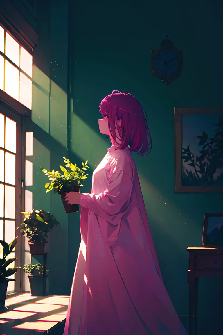 Pink aesthetic, soft shadows, silhouette of a girl with long flowing hair, standing in front of a clock on the wall, pastel color palette, indoor plant with green leaves, light blanket on bed, gentle and dreamy atmosphere, sunlight casting shadows, minimalistic and clean composition.