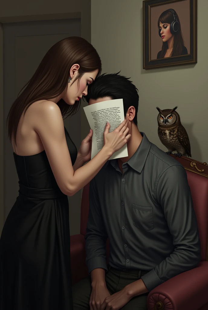 the woman covered the man's face with a sheet of paper. There is printed text on the sheet. Home environment. In the background, an owl sits on the back of a chair, and on the wall is a portrait of a girl wearing headphones.