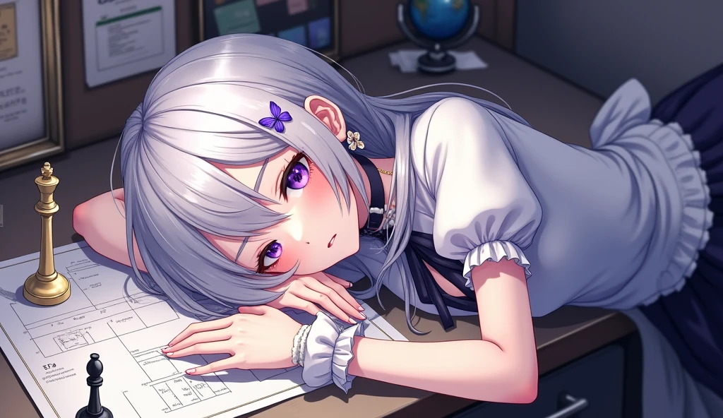 1girl, extreme detailed, Very detailed, colorful, highest detailed, masterpiece, best quality, highres, 8k, highly detailed face, Eve\(path_to_nowhere\), sleeping, (sleeping on desk:1.4), on stomach, desk, blueprint, toy, from above, grey hair, cleavage, parted bangs, very long hair, hair over one eye, one eye covered, x hair ornament, mole under eye, purple eyes, choker, black neckwear, neck ribbon, flower earrings, single earring, white blouse, puffy sleeves, short sleeves, white gloves, frilled gloves, wrist cuffs, butterfly ornament, queen chess piece in the hand