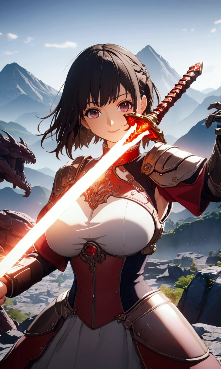 ((Highest quality、masterpiece、best quality,unreal engine,unity 8k wallpaper,anime style,animation style、High resolution、8k、detailed、ultra-detailed,upper body:1.3)),smile, adult woman,(((Holds an long energy sword in his right hand,battle dress,battle monster、The background is a mountain from another world,キラキラした目:1.2))),Dynamic pose,Dynamic Angle,A dynamic scene,Big Breasts,red sword blade