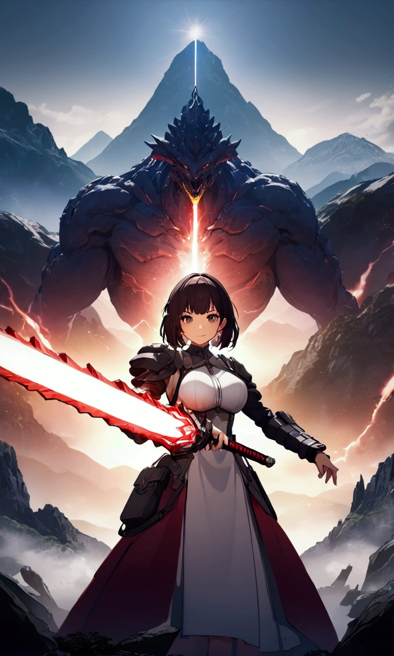 ((Highest quality、masterpiece、best quality,unreal engine,unity 8k wallpaper,anime style,animation style、High resolution、8k、detailed、ultra-detailed,upper body:1.3)),smile, adult woman,(((Holds an long energy sword in his right hand,battle dress,battle monster、The background is a mountain from another world,キラキラした目:1.2))),Dynamic pose,Dynamic Angle,A dynamic scene,Big Breasts,red sword blade