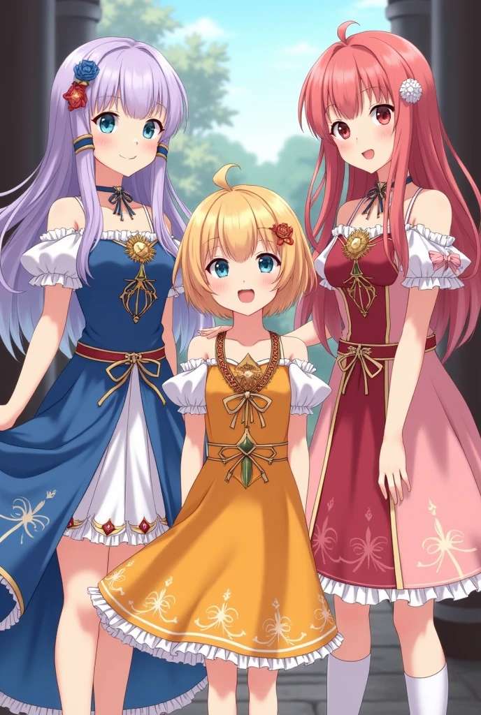 3 beautiful young girls the first girl with long lavender hair with bangs with light blue eyes in a gorgeous blue and white dress with detailed sleeves showing shoulder and short socks up to the ankles. The second girl with short sun yellow hair with bangs and a yellow and orange dress with a big gold necklace is the happiest and the third has long hair( Wavy) with strawberry pink hair with dull pink eyes in a bright and light pink dress with white with a bow at the waist long socks ( They are all )They all have the same height, medieval anime era ( the dresses are like the gemshin impact game) In the picture they have to come out whole from head to toe. They are still in the photo dressed in different clothes.